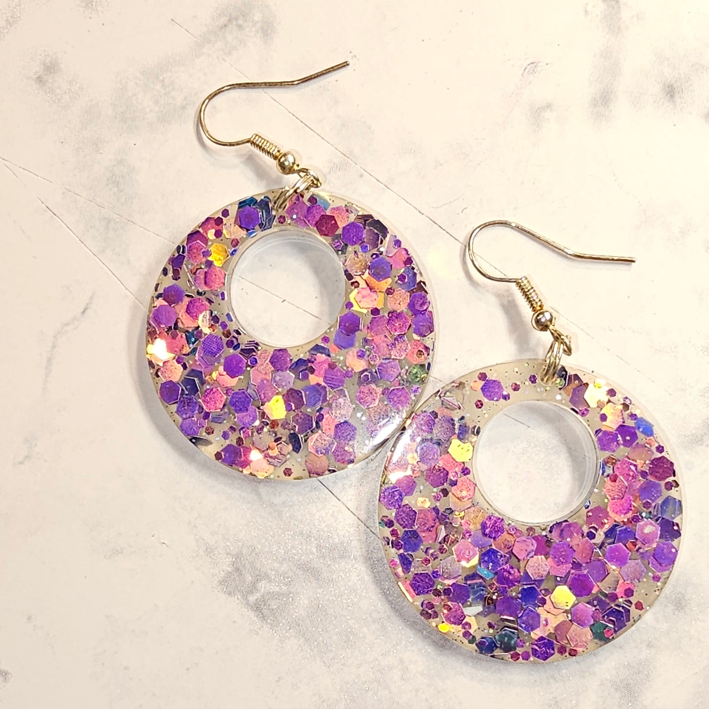 Purple/gold/pink cirlce earrings