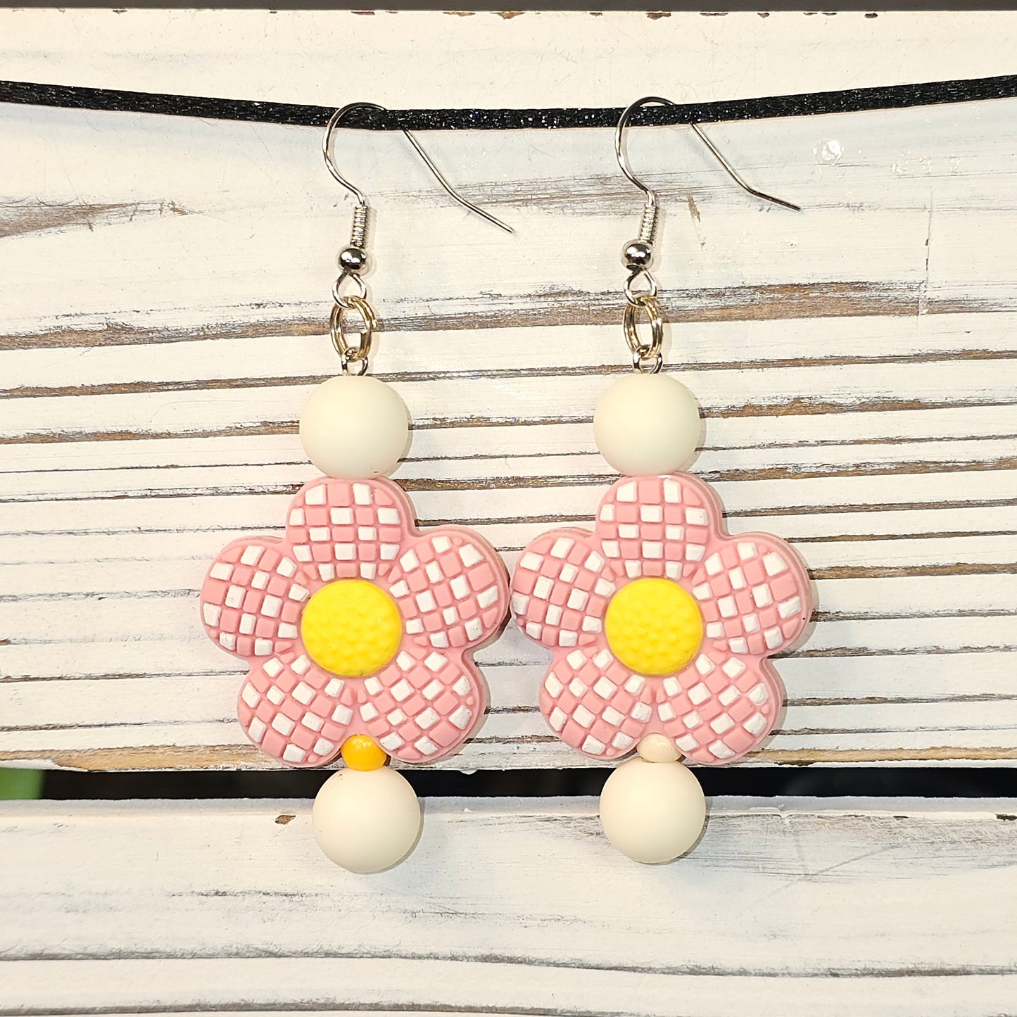 Pink Checker Flower Earrings #90
