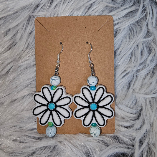 White/teal flower earrings