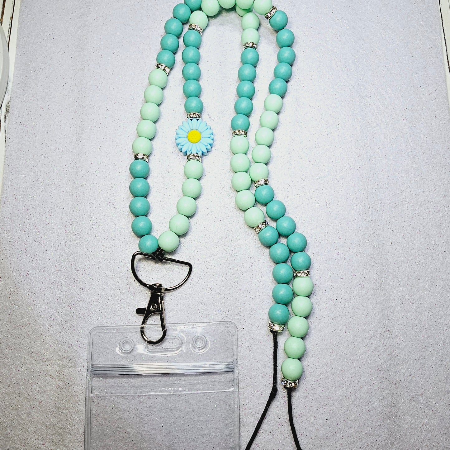 Teak/green flower full beaded lanyard