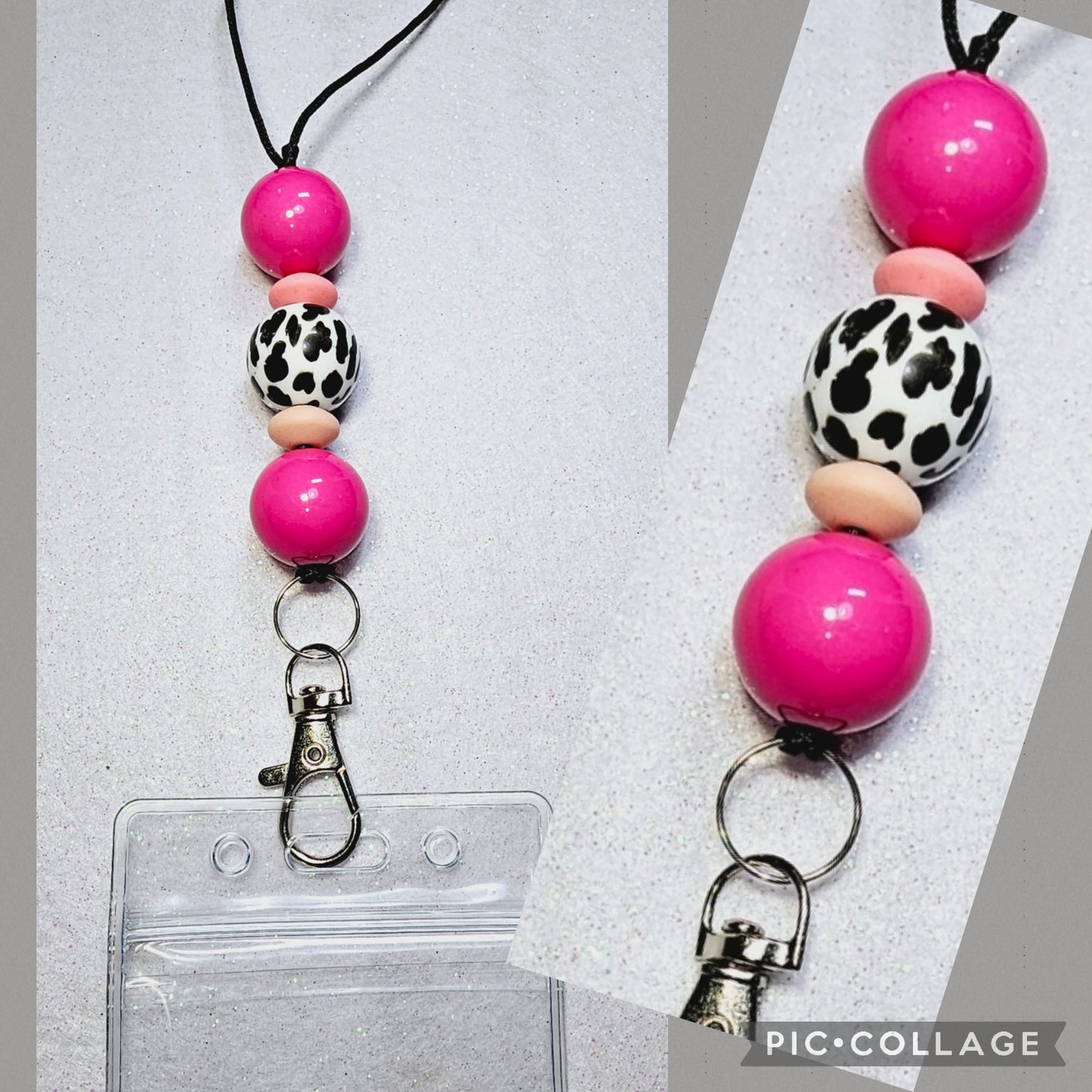 Pink and cow print lanyard