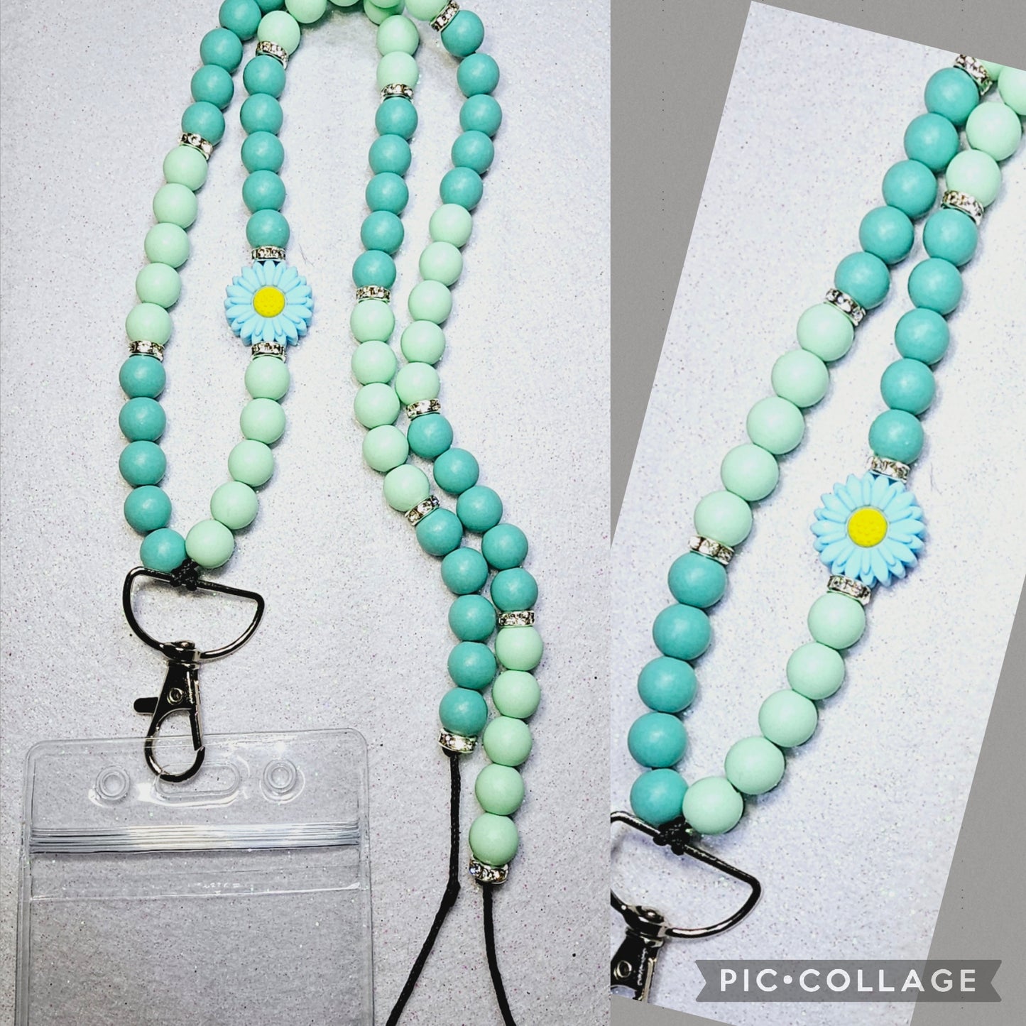 Teak/green flower full beaded lanyard