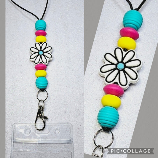 White/teal flower lanyard