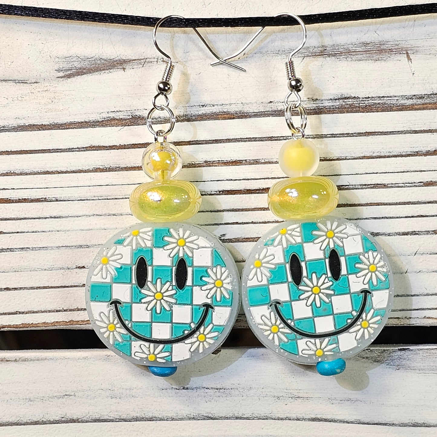 Teal Plaid Smiley Earrings #130