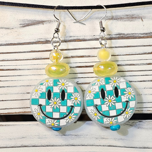 Teal Plaid Smiley Earrings #130