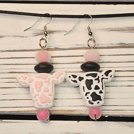 Pink Black Cow Earrings #76