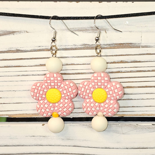 Pink Checker Flower Earrings #90