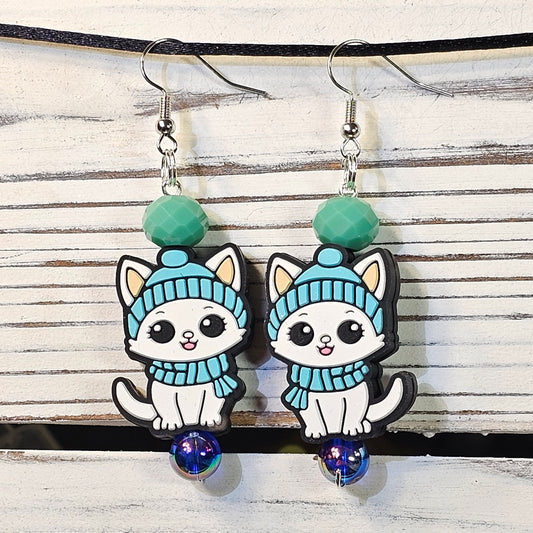 Teal Hat Cat Earrings #123